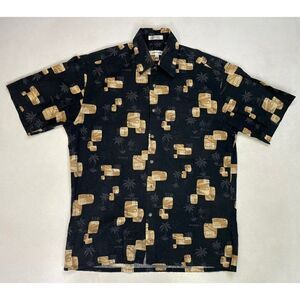 VINTAGE Pierre Cardin Hawaiian Shirt Men Medium Black Palm Trees Print